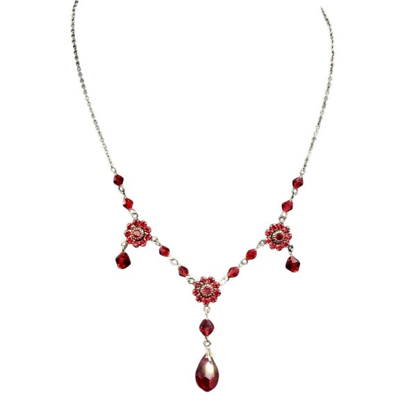 Red Rhinestone Faceted Beads Crystal Floral Y Drop Chain Necklace Silver Tone - Picture 1 of 7